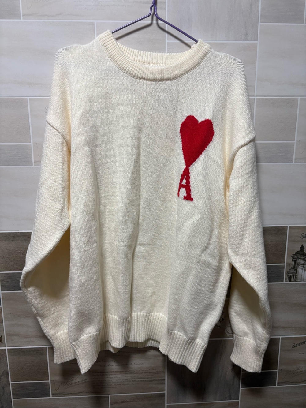 Ami Cream Crewneck Sweater with Red Heart & A Motif